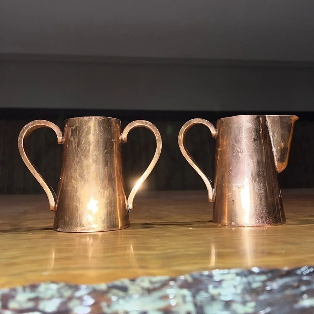 Pair of 8oz Antique Solid Copper Decorative Creamer Containers